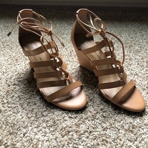 Antonio Melani Tan Strappy Tie Up Wedges